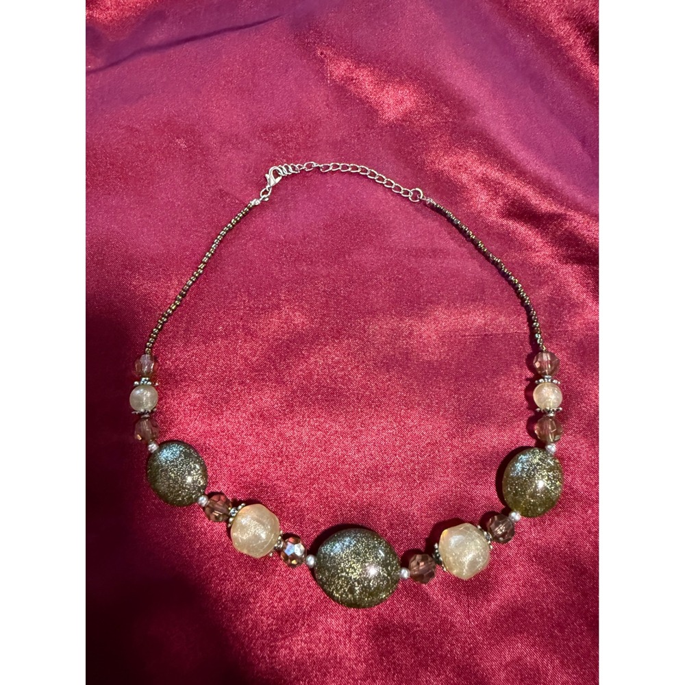 Green Glitter Resin & Amber Glass Beaded Statement Necklace adjustable Boho‎